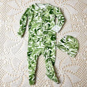 L'ovedBaby 0-3 Months Green Leaf Organic Cotton Zip Footie Hat Set
